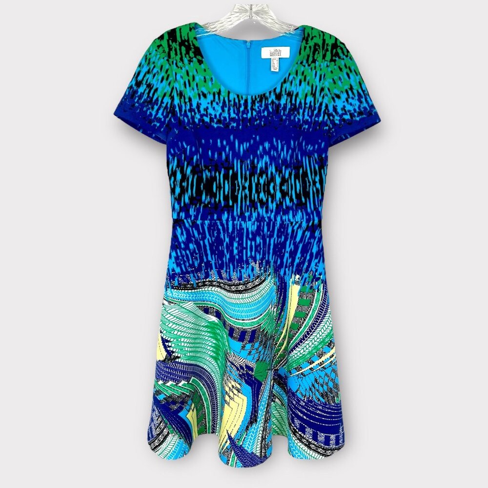 Belle Badgley Mischka Womens Fit Flare Dress Blue Green Print Scuba Knit size 2